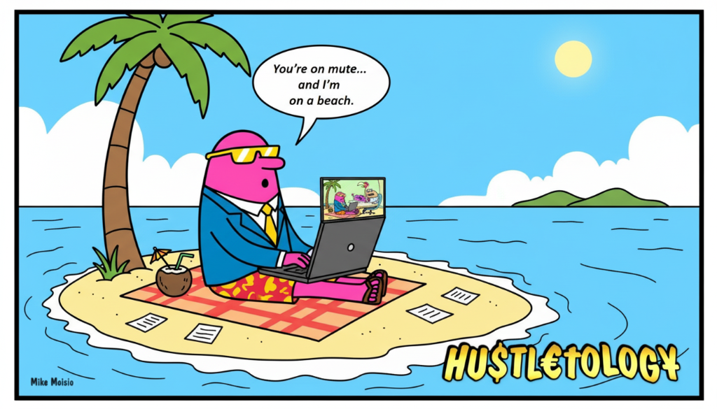 A “digital nomad” taking a video meeting from a tropical beach, wearing a suit jacket over swim trunks. A humorous take on the remote work dream versus the working reality, even in paradise.