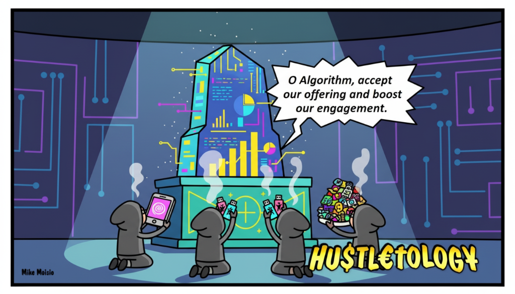 Content creators in a temple-like ritual sacrificing time and creativity to an “Algorithm” deity.